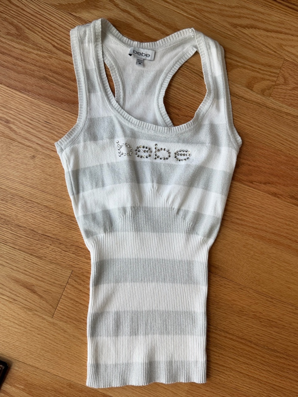 Bebe Rhinestone Logo Metallic Striped Racerback Tank Top M Y2K